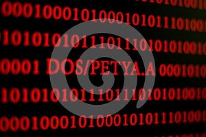 Red text on a black background. Computer virus Petya.A