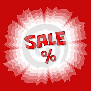 Red Text sale and percent banner. Red Icon, texture and vector background in square format
