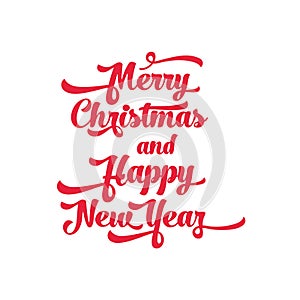 Red text on a white background. Merry Christmas and Happy New Year lettering for invitation and greeting card, prints
