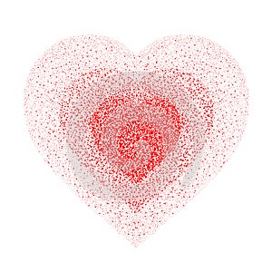 Red textured heart. Paint spray with drops, dribble, sprinkle. Halftone from scarlet in centre to light red on edge.