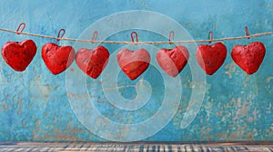 A Row of Hanging Red Hearts.AI generated image