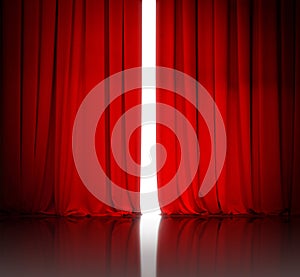 Red theater or cinema curtain slightly open and white light