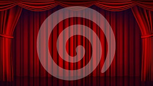 Red Theater Curtain Vector. Theater, Opera Or Cinema Closed Scene. Realistic Red Drapes Illustration