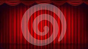 Red Theater Curtain Vector. Theater, Opera Or Cinema Empty Silk Stage, Red Scene. Realistic Illustration