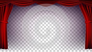 Red Theater Curtain Vector. Transparent Background. Poster For Concert, Theater, Opera Or Cinema Empty Silk Stage, Red