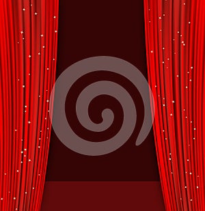 Red theater curtains. abstract background with opera red drapes and glittering stars. vector