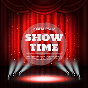 Red theater curtains, broadway casino background. Showtime award, cinema star lights, luxury open show hall. Drapery and