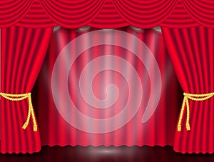 Red theater opening curtain with the Stage, spotlight. Vector illustration.