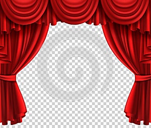 Red theatre curtain. Realistic scene portiere on transparent background, cinema or circus drape luxury silk or velvet