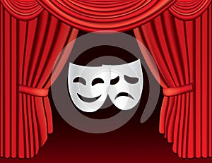 Red theatre curtains with masks