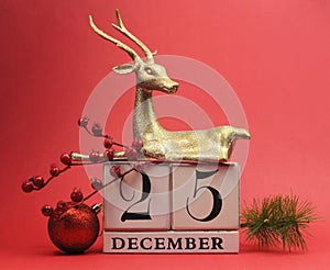 Red theme Save the Date calendar for Christmas Day, December 25.