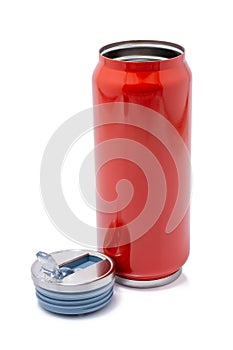 Red thermos bottle opened cap or Stainless steel thermos travel tumbler
