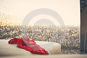 Red thong on a sofa in front of window