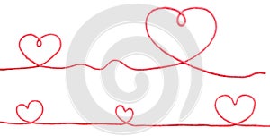 Red thread. Five heart isolated on white background