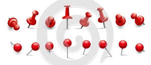 Red thumbtack. Push pins in different angles for attachment. Pushpins with metal needle and red head isolated vector set