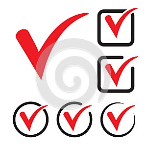 Red tick icon vector symbol, checkmark isolated on white background, checked icon or correct choice sign, check mark or checkbox p photo