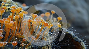 Red tide microorganisms seen as small discshaped structures with long hairlike appendages causing harm to fish and other