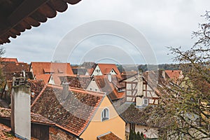 The red tile roofs of the houses in the old town of Rothenburg ob der Tauber in Germany