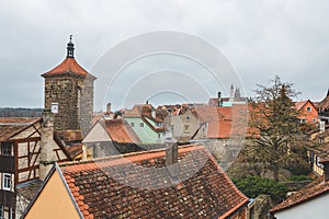 The red tile roofs of the houses in the old town of Rothenburg ob der Tauber in Germany