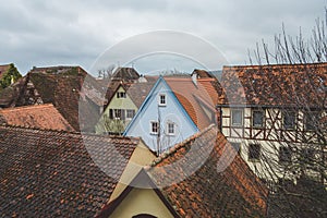 The red tile roofs of the houses in the old town of Rothenburg ob der Tauber in Germany