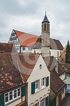 The red tile roofs of the houses in the old town of Rothenburg ob der Tauber in Germany