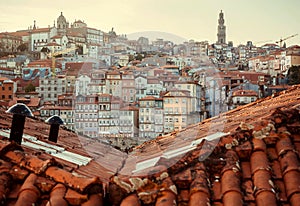 Red tile roofs over historical city center of Porto city, Portugal