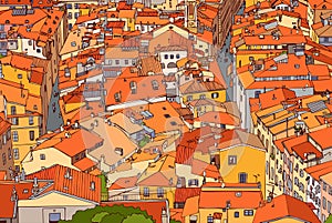 Red tiled roofs of Old Nice. France. Old town, street, house, roof, road, lane. Urban landscape