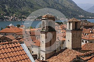 Red tiled roofs of old town houses in Kotor, Montenegro