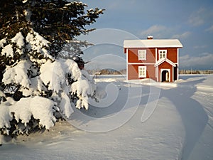 Red timber house winter christmas background
