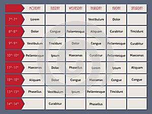 Red timetable template with arrow time pointer