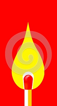 A red tipped wooden match burns with a yellow flame