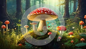 red toadstool in a fairy tale beautiful forest