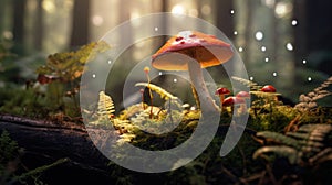 Red toadstool mushroom in autumn forest. Macro shot with blurred background