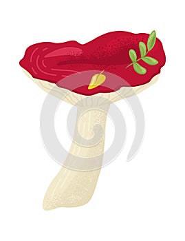 Red toadstool mushroom with green leaves and yellow spots. Nature forest fungi with vibrant colors. Autumn woodland
