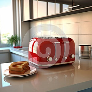 Red toaster on counter in modern kitchen