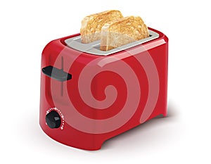 Red toaster with toasted bread for breakfast inside.