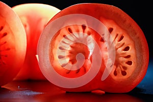 Red tomato cut in half with the texture of seeds
