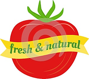Red tomato green stem, yellow banner text fresh natural. Organic food label, healthy