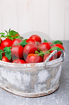 Red tomato in grey basket on grey background. Harvest. Full box of tomatoes.