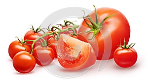 Red tomato, half, small cherry and branch with green leaves