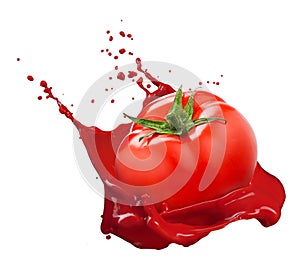 Red tomato with juice splash isolated on white