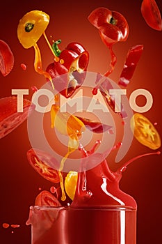 Red tomato with pait splash on red background