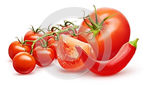 Red tomato, slice, branch of cherry and chili pepper