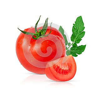 Red tomato and slice with leaf isolated on white background with clipping path.