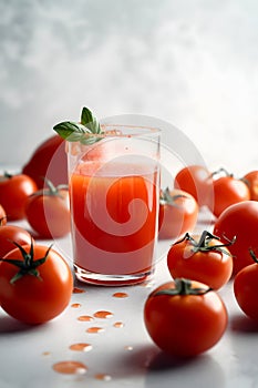 Red tomatoes arranged on a white background. The tomatoes are evenly arranged.