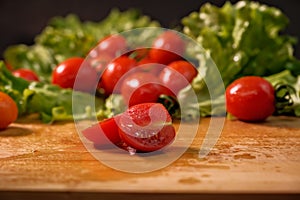 red tomatoes on a branch. water drops. close-up.Leaves of lettuce. knife