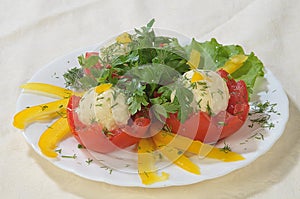 Red tomatoes with cheese marbles