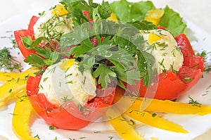 Red tomatoes with cheese marbles