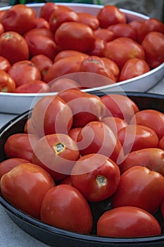 Red tomatoes in dark bowl cup on table, natural garden background