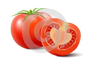 Red tomatoes isolated on white background. Realistic 3d Vector illustration. Whole and half of a tomato with green leaves. Fresh